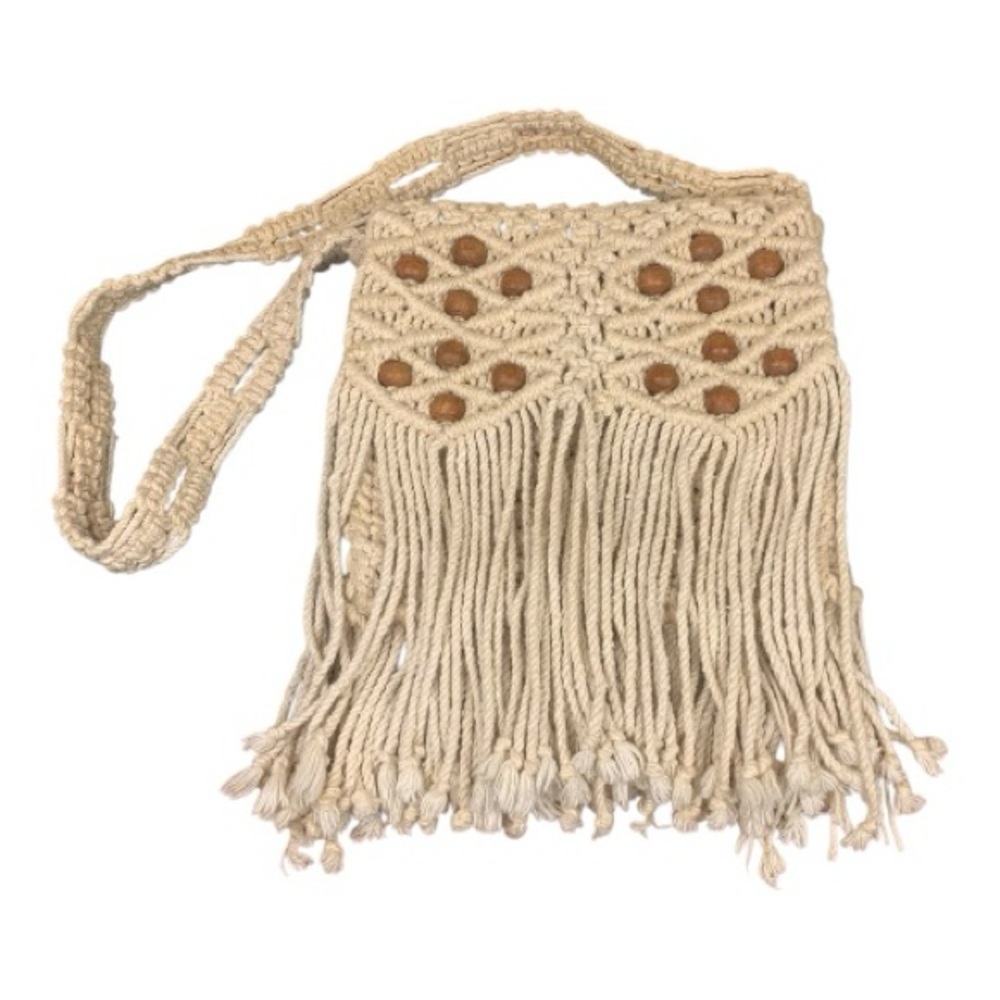 Ivory Boho Rope Macrame Bag Purse Hand Crafted Wood Beading Fringe